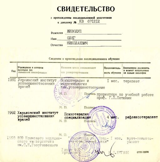 Свідоцтво про спеціалізацію в психотерапії